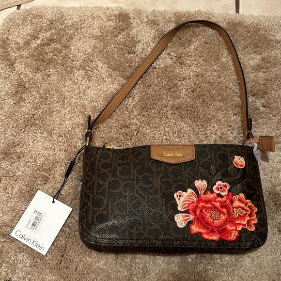 NWT Calvin Klein, shoulder bag, handbag purse, mother’s flowers roses, brown - Picture 10 of 15